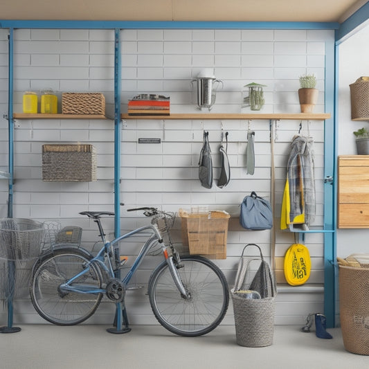 A well-organized garage with a slatted wall for hanging bikes, a pegboard with tools, and a multi-tiered shelving unit with labeled baskets, set against a bright, light-gray background.
