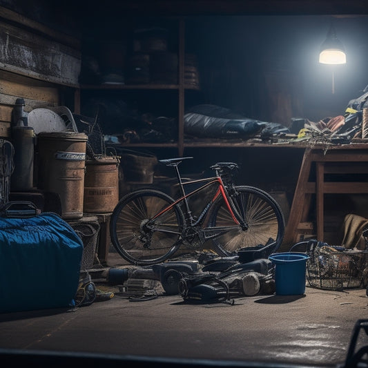 A dimly lit, cluttered garage with outdoor gear scattered chaotically: tangled fishing rods, crushed camping equipment, and a dusty bike buried beneath piles of boxes and forgotten tools.
