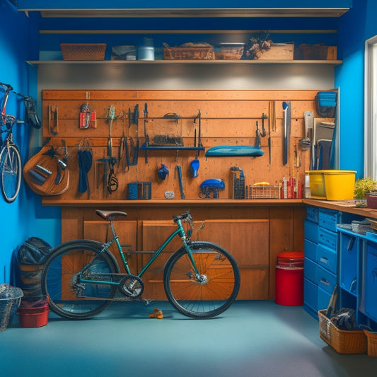 A well-organized garage with a slatwall, hooks, and bins, featuring a parked car, a bicycle suspended from the ceiling, and a workbench with a pegboard and tools.