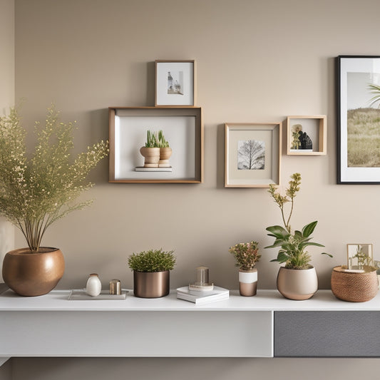 A modern living room with a mounted FLEXIMOUNTS wall shelf, holding a few decorative vases, a small potted plant, and a few framed photos, against a light beige background.