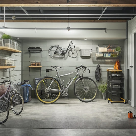 A tidy, well-lit garage with a sleek, silver pegboard, baskets, and bins, alongside a wall-mounted foldable workbench, and a ceiling-mounted bike rack with three bicycles suspended above a polished concrete floor.