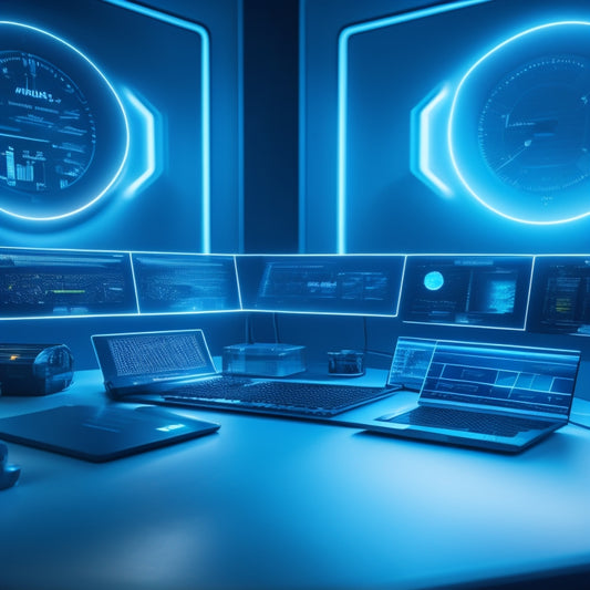 A futuristic, sleek dashboard with interconnected gears, pulsing blue lines, and glowing orbs, set against a dark background, surrounded by floating laptops and tablets, with a subtle gradient effect.