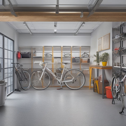 A clutter-free urban garage with sleek, silver vertical storage units, bicycles hung from the ceiling, and a compact workstation with a wooden countertop and metal legs.