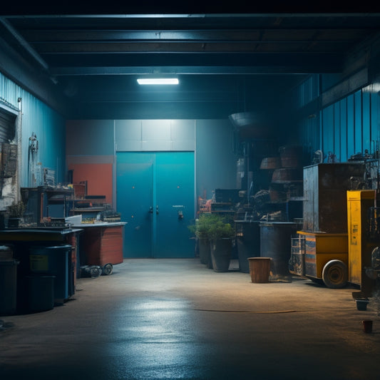 A dimly lit industrial garage with a large metal door, partially open, revealing a hint of a busy workshop inside, with tools and machinery scattered around, and a faint glow of computer screens in the background.