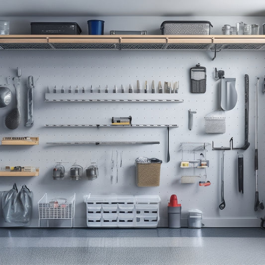 A clutter-free garage with a sleek, silver pegboard on the wall, holding neatly arranged tools and accessories, amidst a backdrop of creamy white walls and a polished, dark gray epoxy floor.