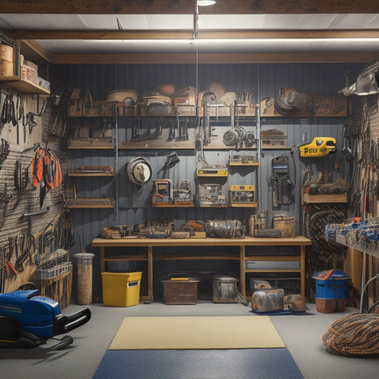 A cluttered garage with scattered chainsaws, transformed into an organized space with a pegboard, hanging chainsaw hooks, and a rolling storage cart, showcasing a before-and-after contrast.