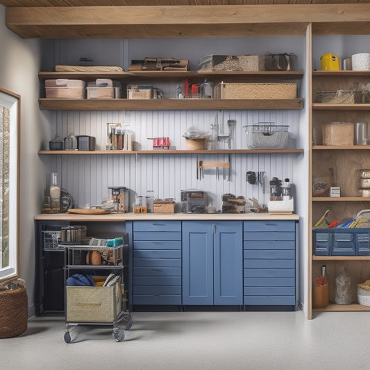 A clutter-free small garage with a slatted wall organizer, three-tiered shelving unit, and a compact workstation with a vice and built-in cabinet, surrounded by well-organized tools and accessories.