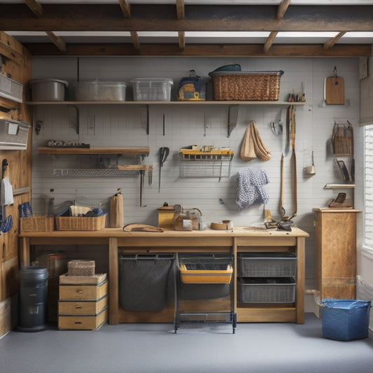 A clutter-free garage with a slatwall featuring various hooks, bins, and baskets, a workbench with a pegboard, a labeled cabinet, and a floor with a checkered pattern, illuminated by soft, natural light.