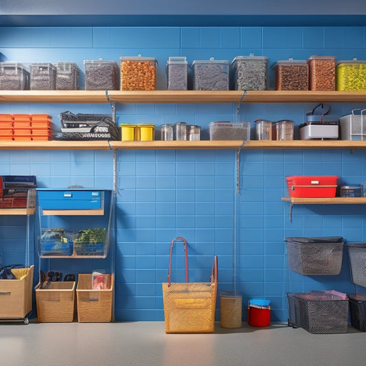 A well-organized garage with a slatwall featuring rows of hooks, bins, and baskets in various sizes, a shelving unit with labeled storage containers, and a floor-to-ceiling cabinet with a sleek metal handle.