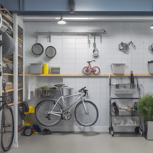 A neatly organized garage in an apartment setting with a silver bike suspended from the ceiling, storage bins labeled by color, and a pegboard with hooks holding various tools.