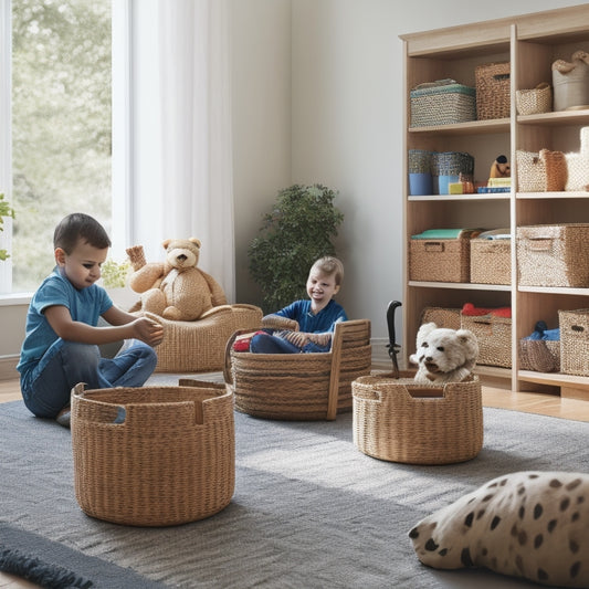 A clutter-free living room with a large, wooden storage ottoman, a bookshelf with woven baskets, and a minimalist shelving unit with labeled bins, surrounded by happy children playing with toys.