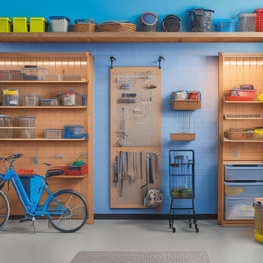 A clutter-free garage with a pegboard adorned with hooks, baskets, and bins, surrounded by labeled storage containers, a slatwall with hanging bikes and tools, and a sleek workbench with built-in drawers.