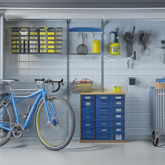 A well-organized garage with a slatwall featuring hooks, baskets, and bins, a ceiling-mounted bike lift, a workbench with built-in cabinets, and a sleek epoxy-coated floor.