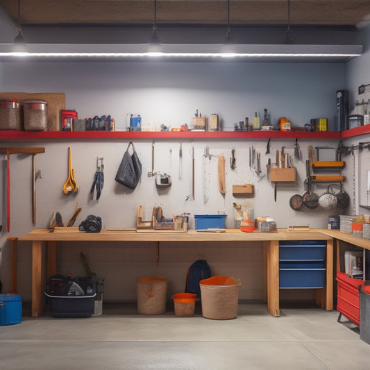 A well-lit, organized garage interior with a pegboard on one wall, labeled bins on shelves, a workbench with a vice, and a few tools hanging from hooks, surrounded by a clean, polished concrete floor.