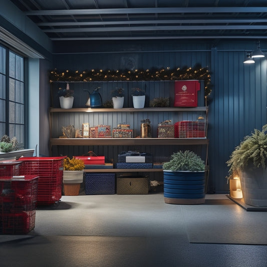 A well-lit garage with a row of transparent storage bins on a slatted shelving unit, each bin filled with neatly arranged holiday decorations, such as ornaments, garlands, and lights, against a clean, gray concrete floor.