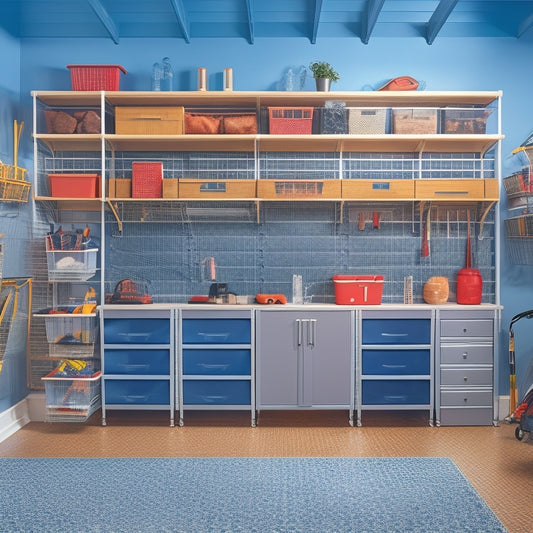 An organized garage with a slatwall featuring a pegboard, hooks, and baskets, alongside a custom cabinetry system with slide-out bins, and a sleek epoxy-coated floor.