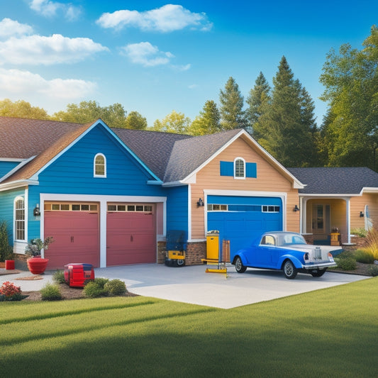 A colorful illustration of multiple garage styles, showcasing varying rooflines, doors, and exterior finishes, surrounded by scattered DIY tools and blueprints, set against a sunny, grassy backyard.