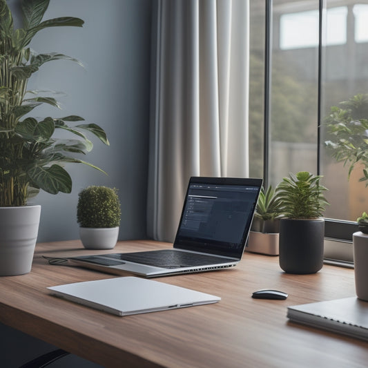 A sleek, modern desk with a tidy laptop, a few organized notebooks, and a small potted plant, set against a blurred background of a minimalist office with a large window.