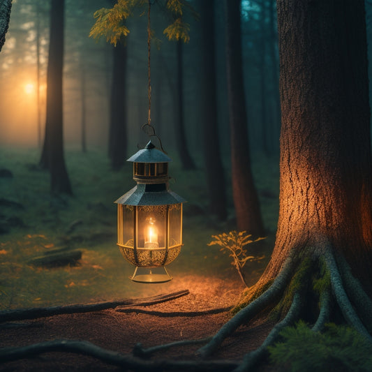 A serene, misty forest with a lone, glowing lantern hanging from a twisted tree branch, surrounded by scattered, open Bibles with golden pages, and a subtle, shimmering aura in the background.