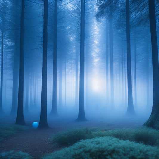 A futuristic, misty forest with glowing blue orbs representing files, some floating in mid-air, others hidden behind foggy trees or sunk into the fog-covered ground, with a faint iPhone outline in the distance.