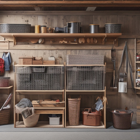 A clutter-free garage with a slatted wall organizer, bins, and baskets in various shapes and sizes, a pegboard with hanging tools, and a DIY shelving unit made from reclaimed wood.