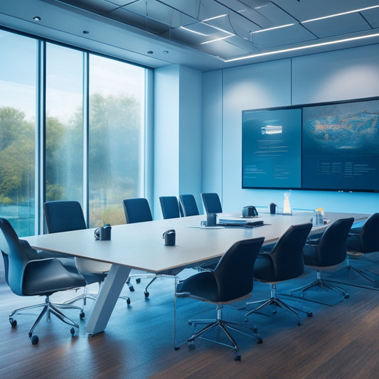 A futuristic conference room with a large, transparent touchscreen displaying a meeting agenda, surrounded by minimalist chairs and a sleek, modern table, with robotic arms taking notes in the background.