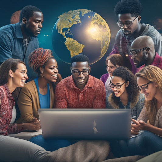 An illustration of a diverse group of people from different age groups and ethnicities, gathered around a large, glowing globe with laptops, tablets, and smartphones, surrounded by various symbols of online earning opportunities.