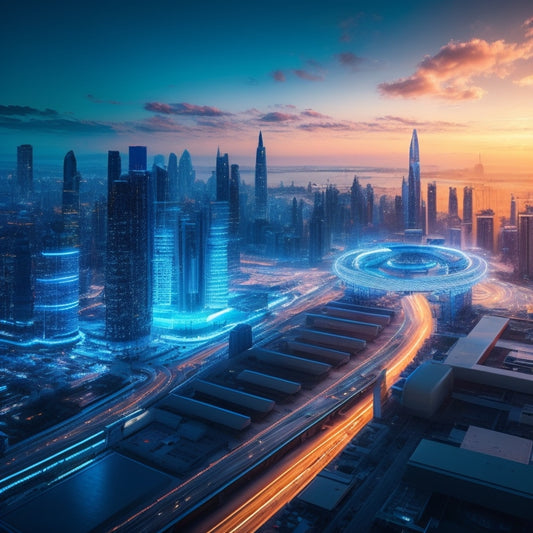 A futuristic cityscape at sunset with sleek, interconnected buildings and glowing blue circuits, surrounded by orbiting gears and pulsing lines, symbolizing digital transformation and innovation.