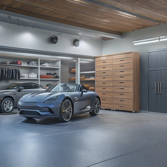 A well-lit, modern garage with sleek epoxy floors, gray and wood-tone cabinetry, and a statement light fixture, featuring a sports car with gleaming wheels and a few stylishly arranged storage bins.