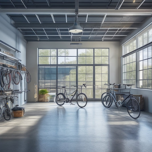 A clutter-free garage with overhead storage racks, bicycles, and bins suspended from the ceiling, surrounded by sleek walls, polished concrete floors, and ample natural light pouring in from large windows.