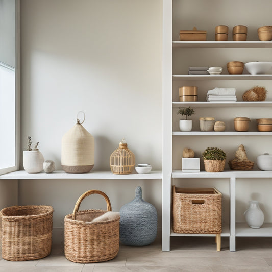 A serene, well-lit, minimalist interior with a floor-to-ceiling shelving unit, neatly organized baskets, and a few tastefully arranged decorative items, evoking a sense of calm and control.