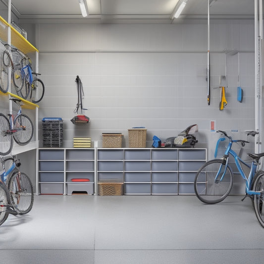A well-organized garage with sleek, silver Topprax storage units, bikes suspended from the ceiling, and a few balls and toys neatly stored in labeled bins, set against a clean, gray concrete floor.