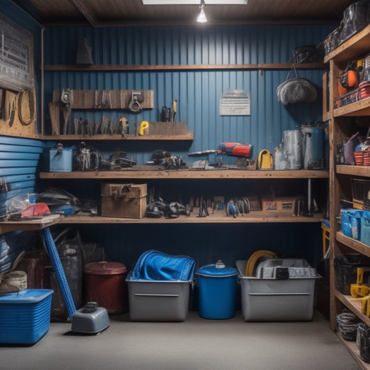 A cluttered garage with tools and storage bins scattered around, contrasted with a clean and organized section featuring a clipboard with a garage inventory form and a few neatly arranged tools.