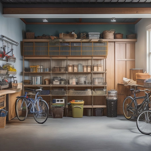 A clutter-free garage with neatly organized bins, a labeled shelving unit, and a few carefully hung bicycles, surrounded by a subtle background of warm, natural light.