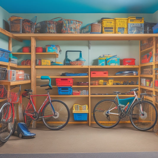 A cluttered, small garage with bicycles, tools, and storage bins scattered around a compact car, contrasting with a clean, organized garage in the background, featuring shelves, hooks, and labeled bins.