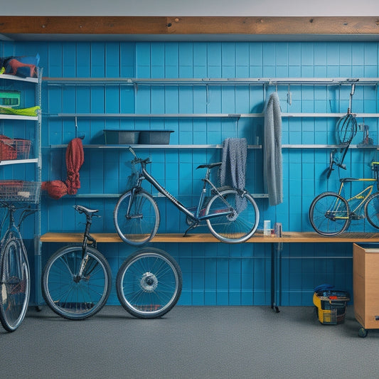 A clutter-free garage with a sleek, wall-mounted bike rack holding three bicycles, suspended above a row of storage bins and a workbench with tools organized on a pegboard.