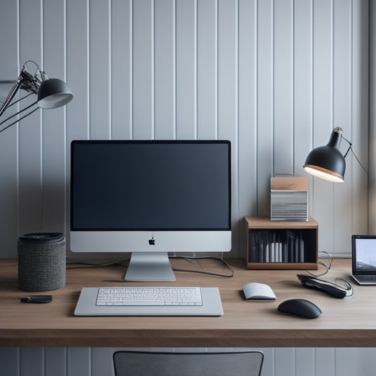 A minimalist desktop with a sleek laptop, a few neatly labeled folders, and a tidy cable management system, surrounded by a subtle blurred background of a modern office or home workspace.