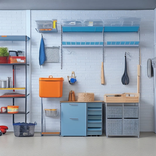 A well-organized garage with a sleek, silver storage system featuring slatted shelving, hanging bins, and a pegboard with tools and accessories, set against a light gray concrete floor and white walls.