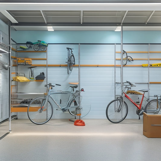 A clutter-free garage with sleek, silver storage units, bicycles suspended from the ceiling, and a pegboard with neatly organized tools, set against a clean, gray concrete floor and white walls.