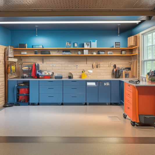 A well-lit, clutter-free garage with a sleek epoxy floor, custom cabinetry, and a slatwall adorned with hooks, bins, and a pegboard, showcasing a perfectly organized workspace.