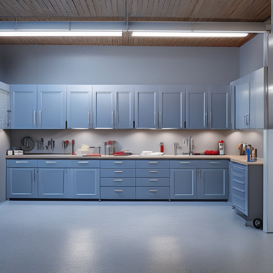A modern, well-lit garage with sleek, gray cabinets featuring soft-close drawers and doors, accompanied by a stainless steel workbench and a few strategically placed tools and accessories.