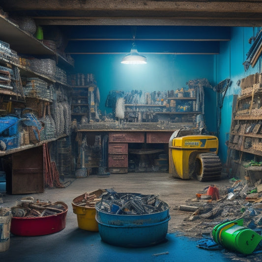 A cluttered garage with a hydraulic excavator, forklift, and crane parts scattered around, surrounded by worn-out shelves collapsing under the weight of heavy tools and machinery, with bolts and nuts spilling out.