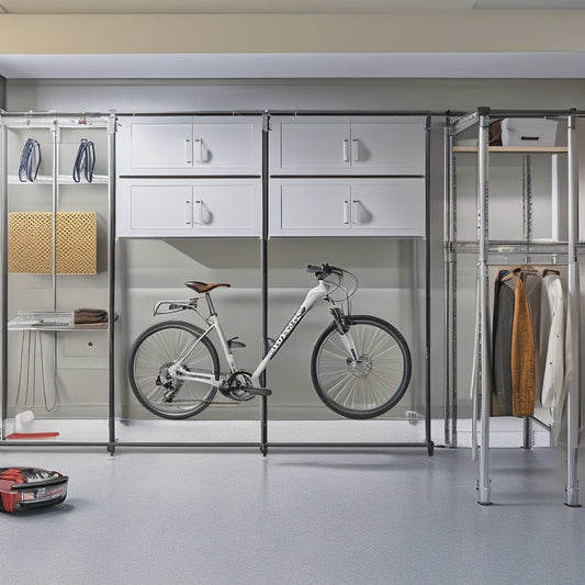 A well-organized garage with a light gray epoxy floor, featuring a custom slatwall with silver hooks, a modular cabinetry system in white, and a sleek overhead storage rack for bicycles.
