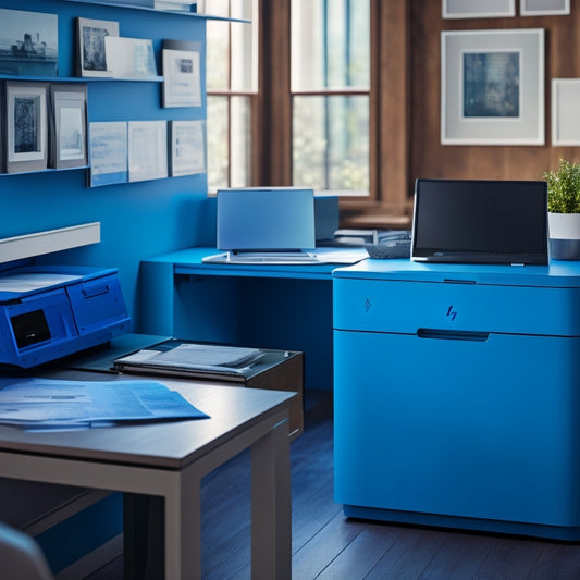 A tidy, well-lit workspace with an HP E47528 series printer centered, surrounded by neatly arranged papers, folders, and office supplies, with a subtle background gradient of calming blue hues.