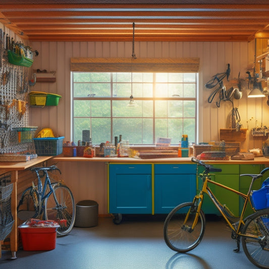 A tidy garage with a few bicycles parked against a pegboard, a small workbench with organized tools, and a few labeled bins on shelves, illuminated by natural light through a large window.