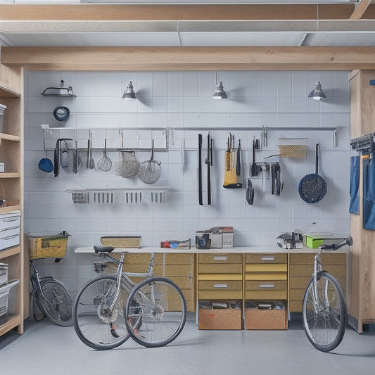 An organized garage with sleek silver cabinets, a slatted wooden pegboard, and a ceiling-mounted bike rack, surrounded by neatly arranged tools, bins, and a few strategically placed hooks.