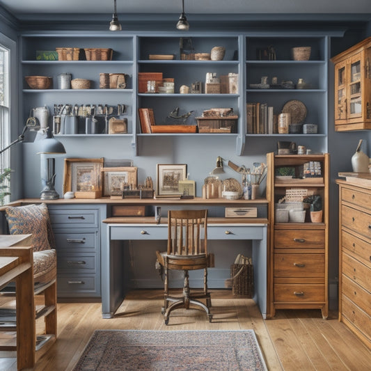A clutter-free room with a refinished cabinet featuring multiple drawers, shelves, and compartments, surrounded by organized tools and materials, with a few DIY books and a cup of coffee on a nearby workbench.