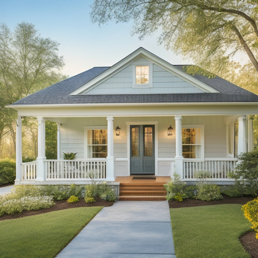 A warm-toned, inviting exterior of a charming 3-bedroom home with a covered porch, adorned with lush greenery and a welcoming lantern, set against a soft blue sky with puffy white clouds.