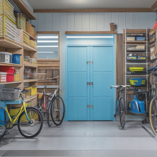 A cluttered garage with scattered tools, bicycles, and boxes, transformed into an organized space with wall-mounted shelves, bins, and hooks, and a sleek, epoxy-coated floor.
