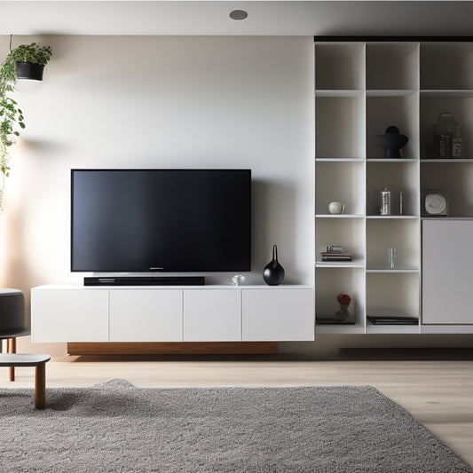 A modern, minimalist living room with a sleek, wall-mounted, touch-sensitive storage unit featuring retractable shelves, LED-lit compartments, and a hidden wireless charging pad.